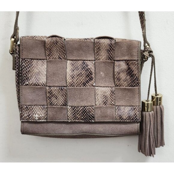 Antropologie Morgan  Woven Suede Crossbody Bag Snakeskin Accents Tassel Boho - Picture 4 of 15